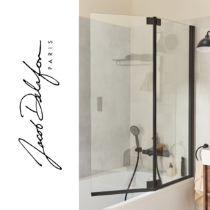 Pack baignoire bain douche 170 x 90 Bastille vidage à droite blanc brillant + tablier en niche + pare-bain noir