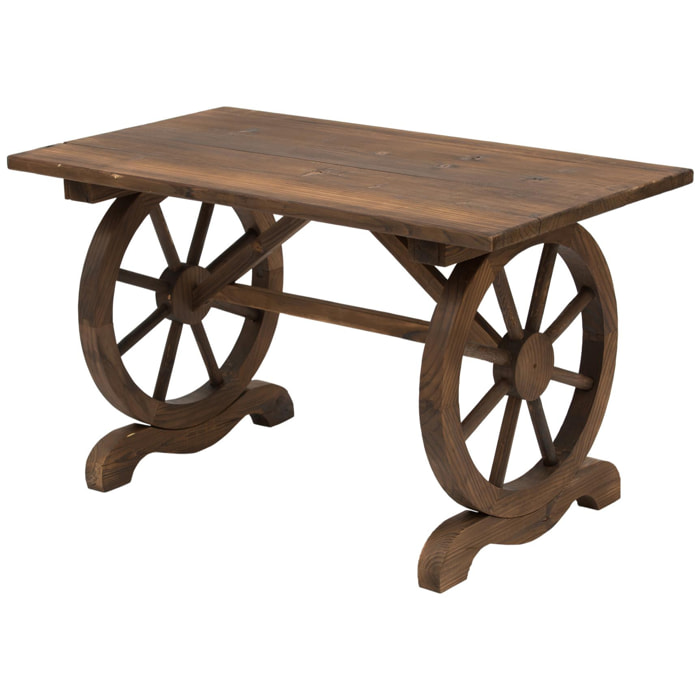 Table basse de jardin style rustique chic piètement roues charette bois sapin traité carbonisation