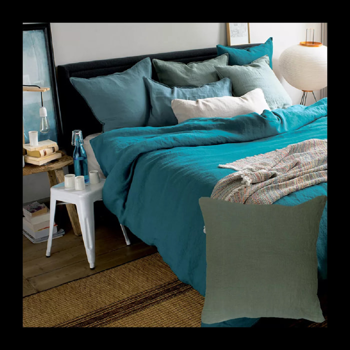 Housse de couette pur lin lavé 160 g/m² uni vert Syracuse kaki