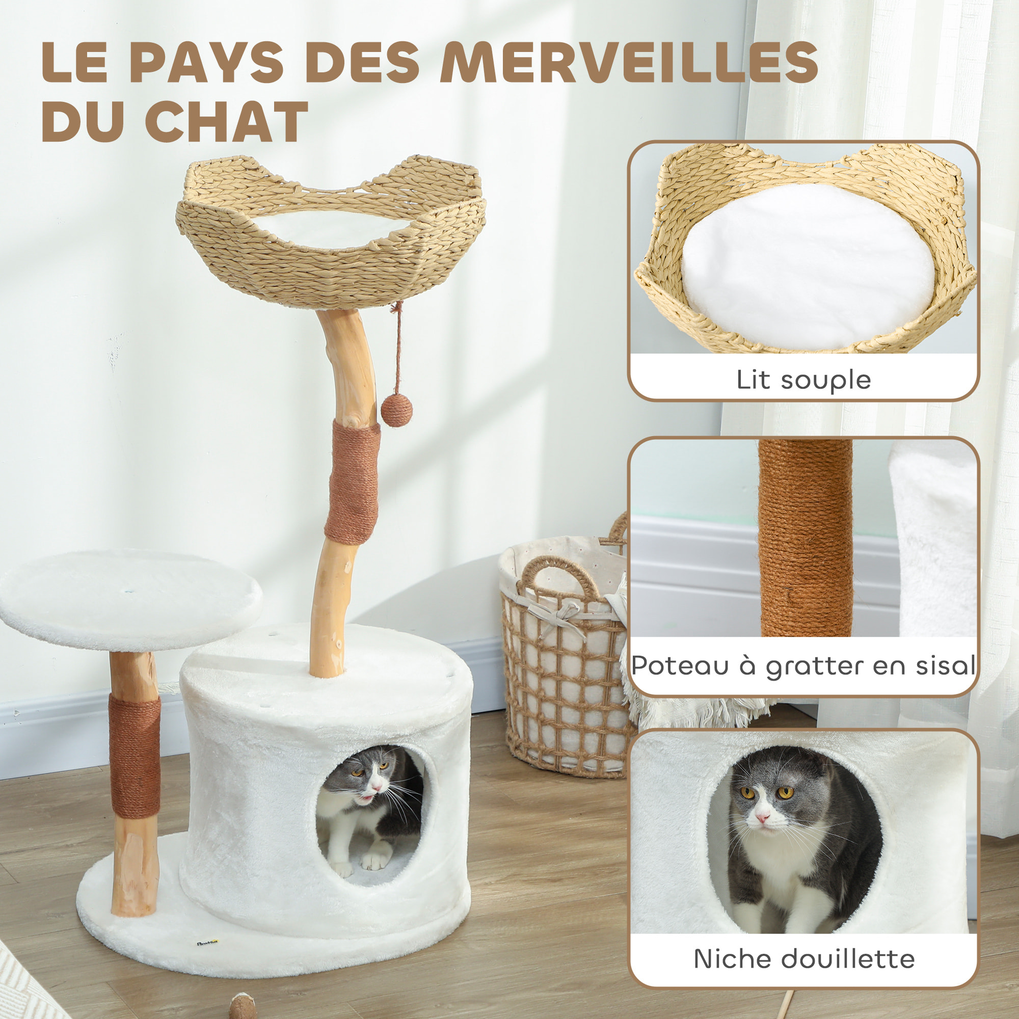 Arbre à chat bois design naturel griffoirs boule chanvre panier observation tressé coussin niche