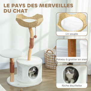 Arbre à chat bois design naturel griffoirs boule chanvre panier observation tressé coussin niche