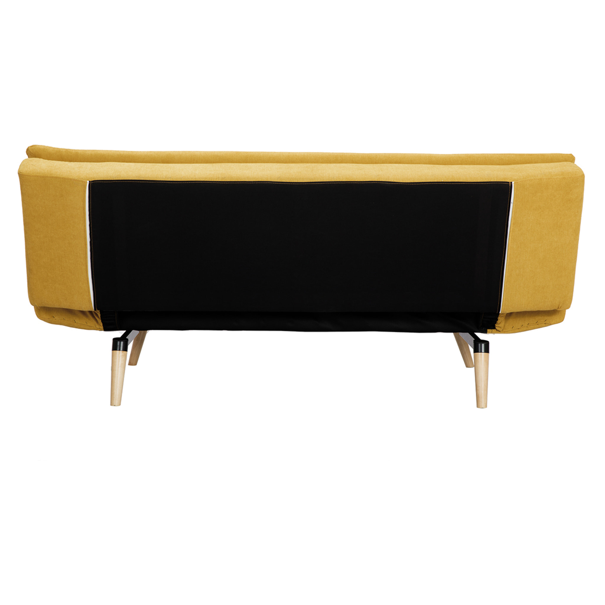 Canapé convertible 3 places en tissu effet velours jaune moutarde et bois clair SENSO