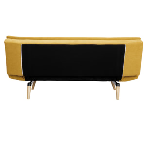 Canapé convertible 3 places en tissu effet velours jaune moutarde et bois clair SENSO