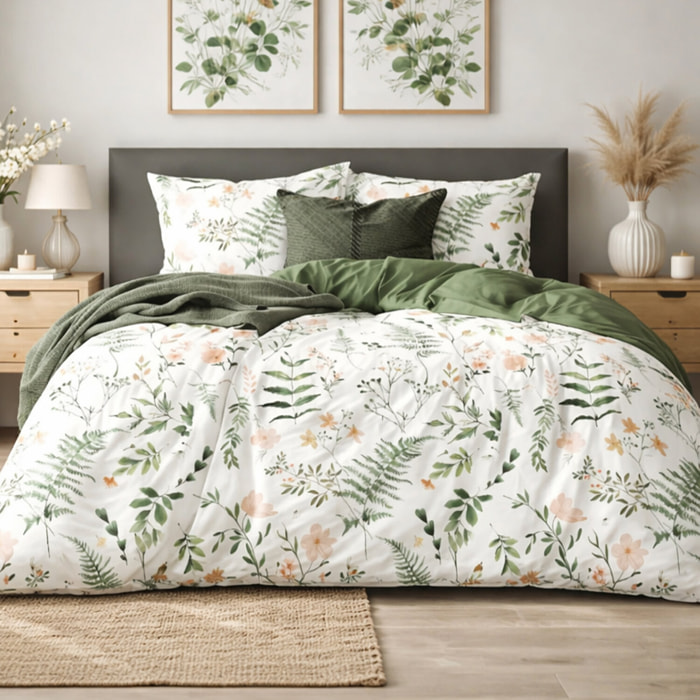 Parure housse de couette 100% coton - Lyken imprimé botanique vert