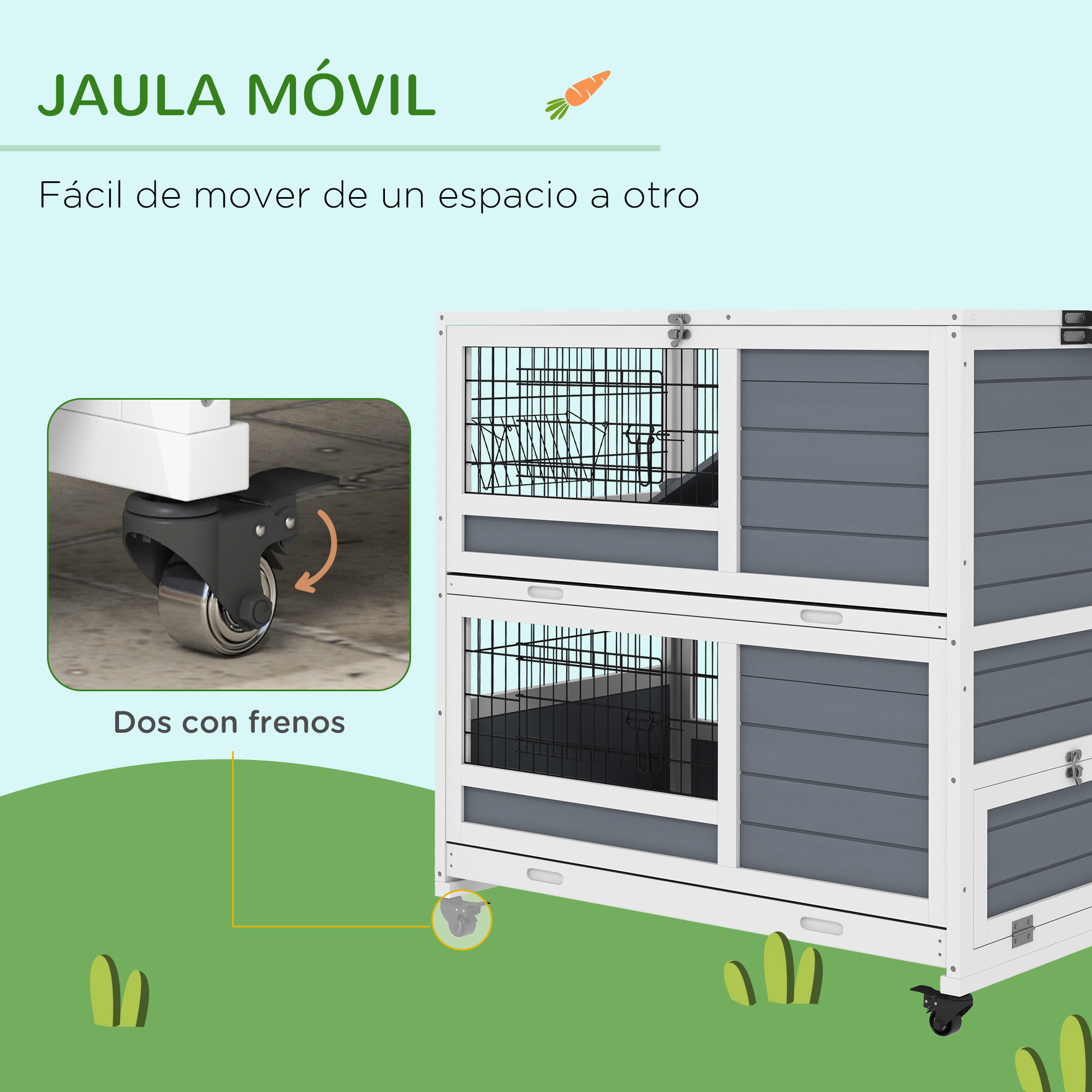 Conejera de Madera con Ruedas 90x53x97 cm Jaula para Conejos de 2 Niveles con Techo Abatible Bandeja Extraíble Comedero y Rampa Gris y Blanco