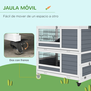 Conejera de Madera con Ruedas 90x53x97 cm Jaula para Conejos de 2 Niveles con Techo Abatible Bandeja Extraíble Comedero y Rampa Gris y Blanco