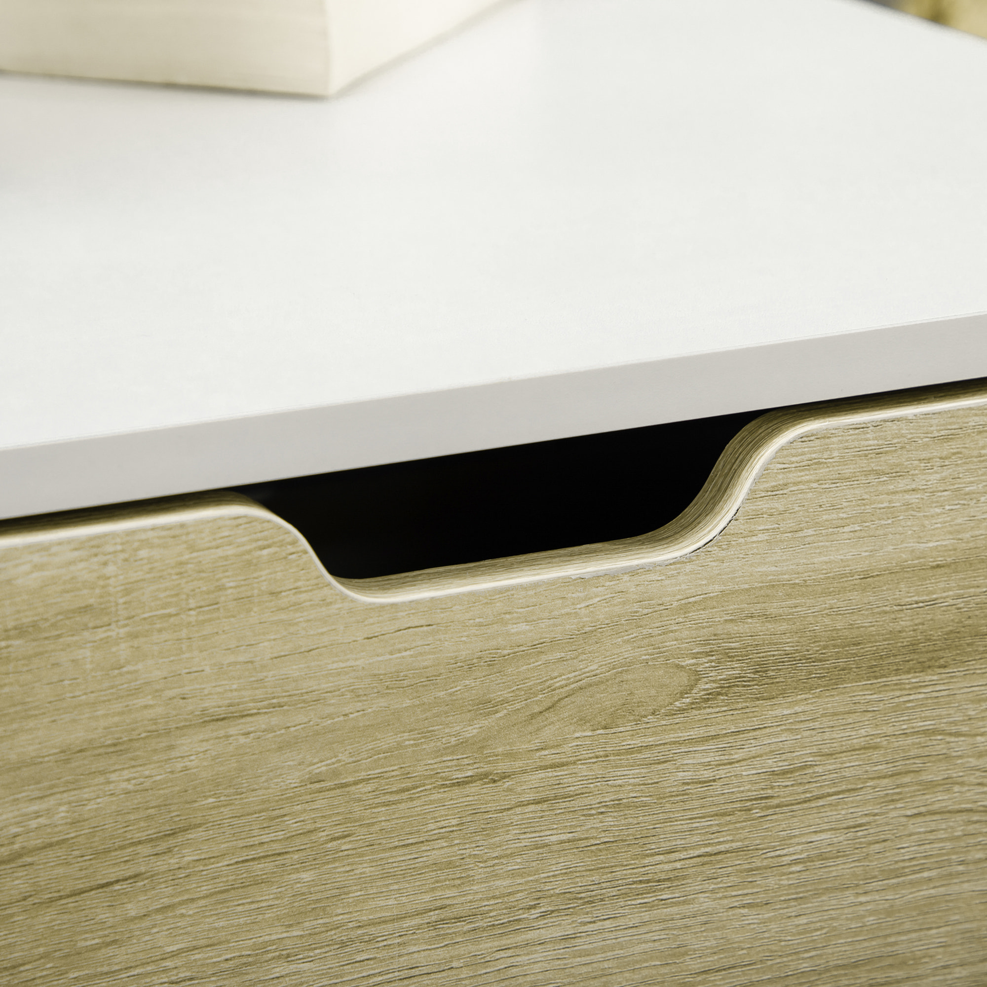 Table basse design contemporain 2 tiroirs 2 niches étagère verre trempé panneaux blanc aspect chêne clair