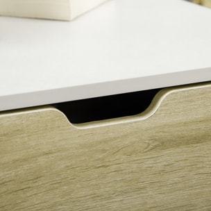 Table basse design contemporain 2 tiroirs 2 niches étagère verre trempé panneaux blanc aspect chêne clair