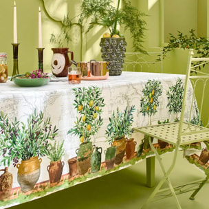 Nappe lin & coton lavé 190 g/m² imprimé vert marron Jardin provencal olive