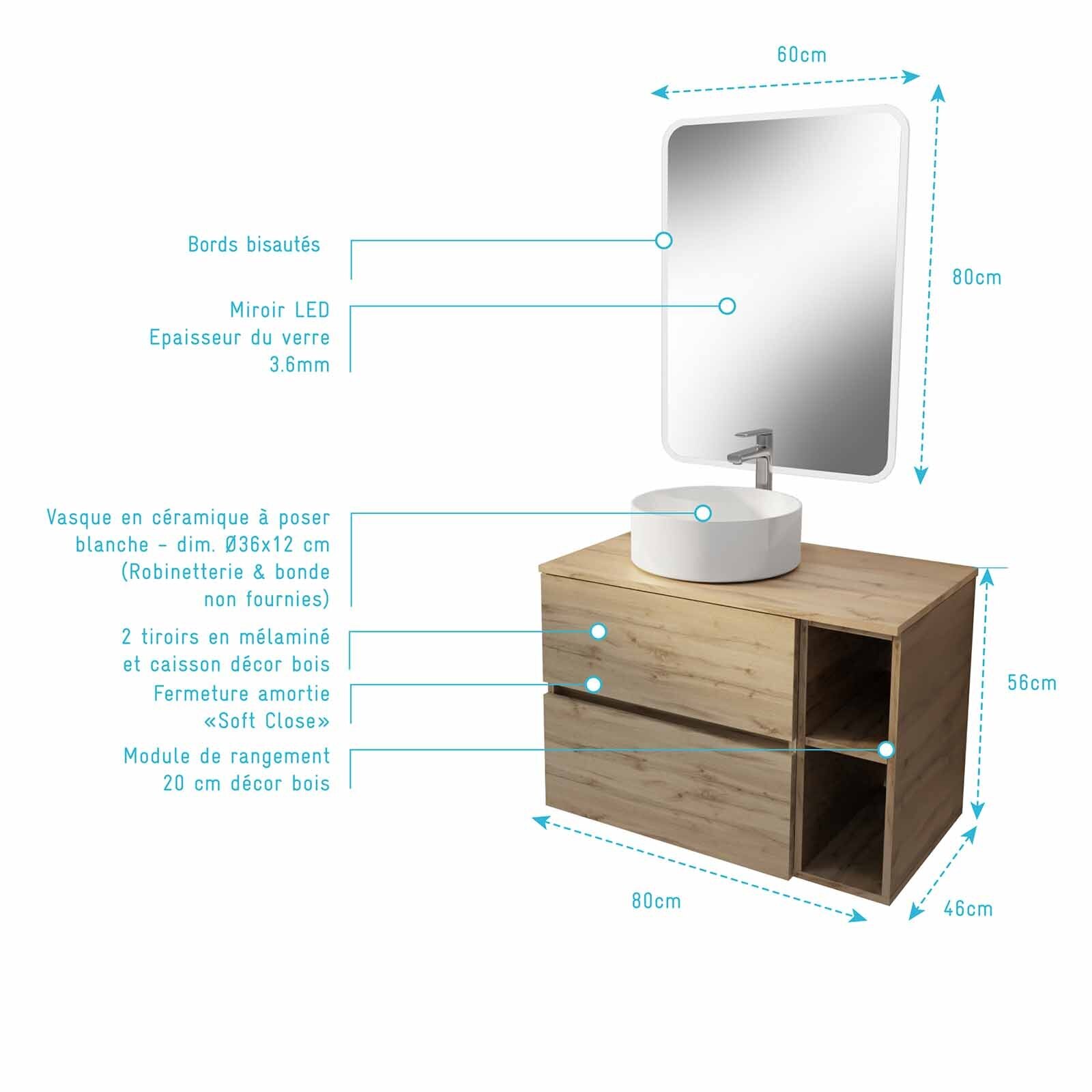 Meuble salle de bains 80 TIMBER Décor Chêne Tiroirs + Module - Vasque Blanche - Miroir 60x80 LED