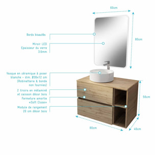 Meuble salle de bains 80 TIMBER Décor Chêne Tiroirs + Module - Vasque Blanche - Miroir 60x80 LED