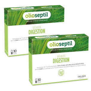 OLIOSEPTIL - Gélules Digestion - Favorise le Confort Digestif & Améliore le Transit - Réduit les Ballonnements - Complexe d'Huiles Essentielles 100% Pures et Naturelles - Sans Gluten - Lot de 2