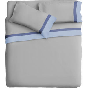 Completo letto doppia balza RASO IPERSAN Puro Cotone Azzurro/Jeans fondo Grigio