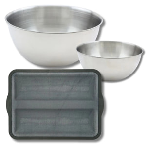 Lot avec 1 Moule à baguette en silicone fibre de verre, 1 spatule Zenker et 2 bols à mixer en inox Fackelmann