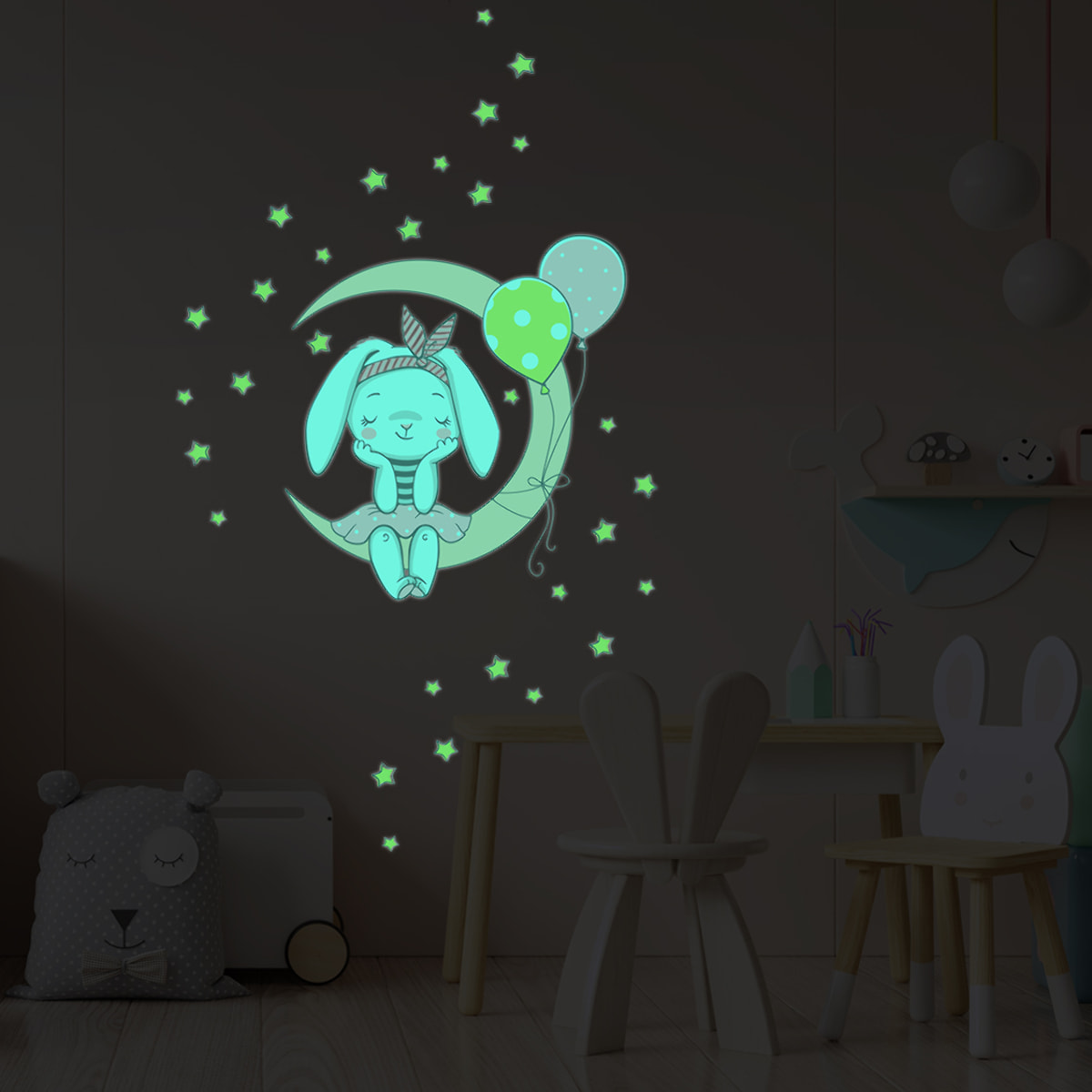 Sticker phosphorescent lumineux - LAPIN ASSIS SUR LA LUNE ET 30 ÉTOILES