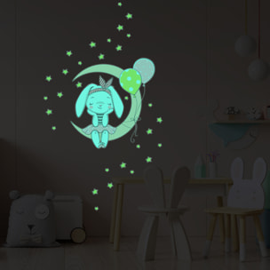 Sticker phosphorescent lumineux - LAPIN ASSIS SUR LA LUNE ET 30 ÉTOILES