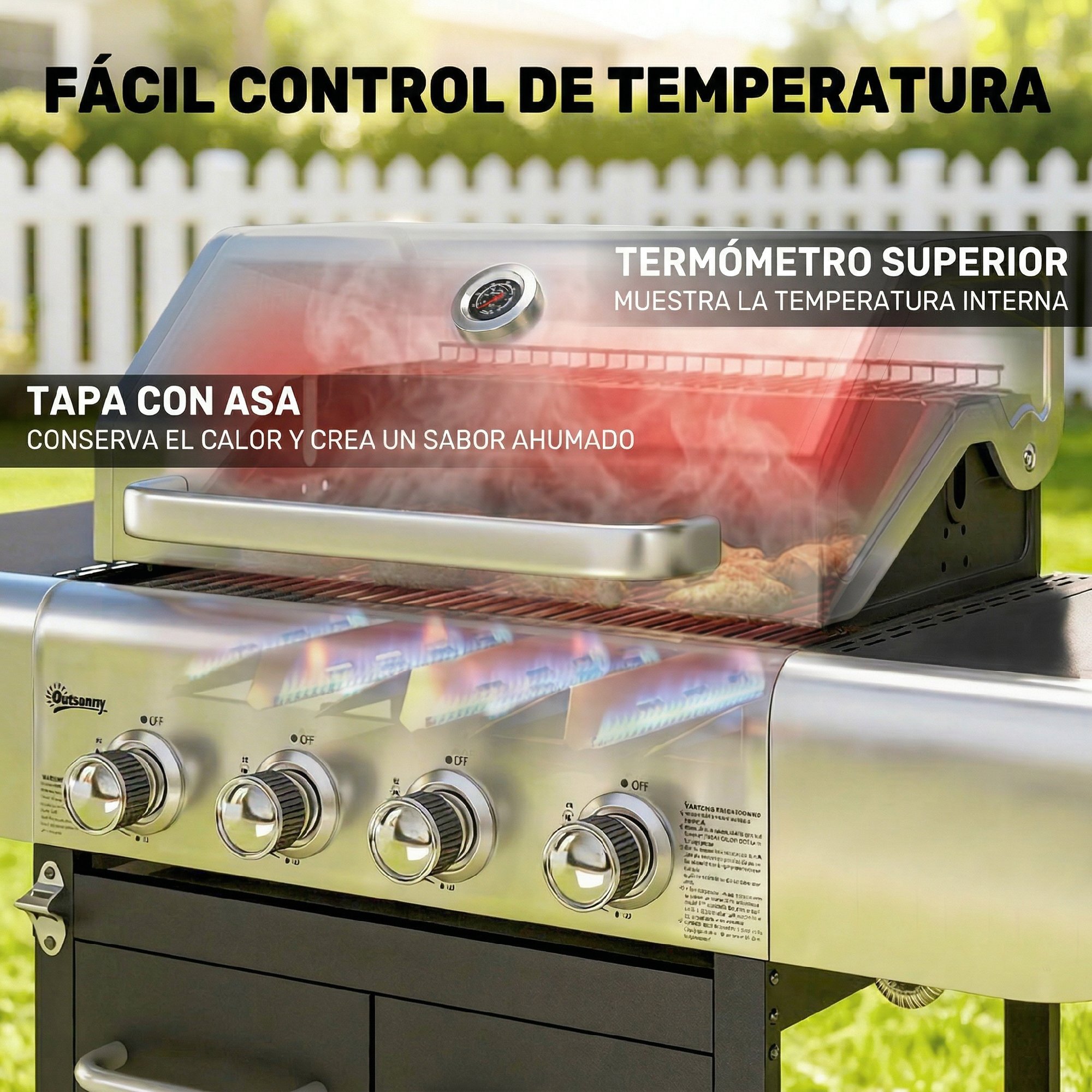 Barbacoa de Gas BBQ Gas con 4 Quemadores 12,8 kW Barbacoa Portátil con Termómetro Mesas Laterales Armario Rejilla Calentadora Acero Parrillas de Hierro Fundido Recogedor Grasa 4 Ruedas Negro