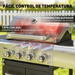 Barbacoa de Gas BBQ Gas con 4 Quemadores 12,8 kW Barbacoa Portátil con Termómetro Mesas Laterales Armario Rejilla Calentadora Acero Parrillas de Hierro Fundido Recogedor Grasa 4 Ruedas Negro
