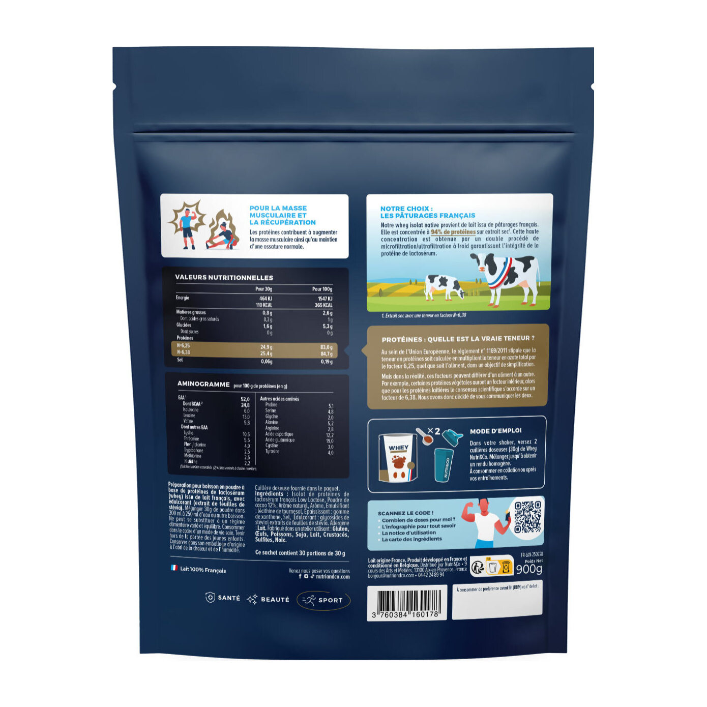 Nutri&Co Protéines Whey Isolat Native 94% en poudre - 900gr Goût Chocolat