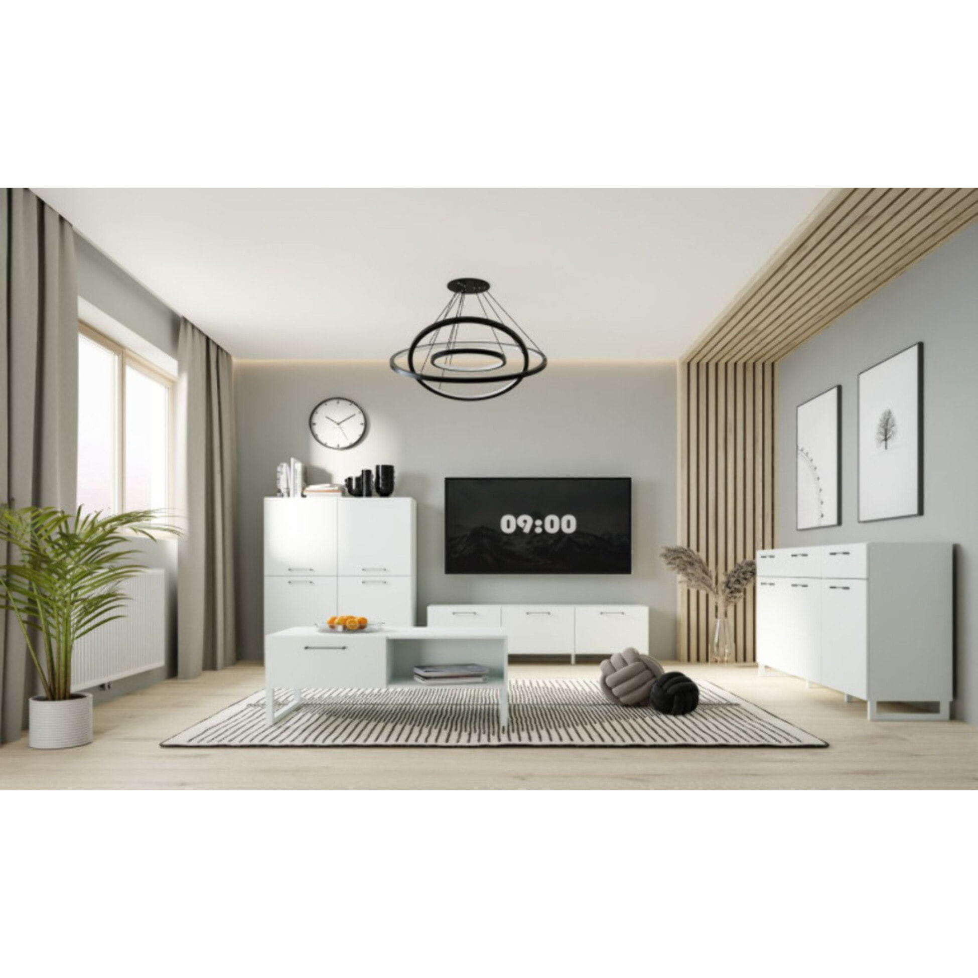 Table basse L110 cm 3 niches 1 tiroir au décor gris clair mat - BASIL