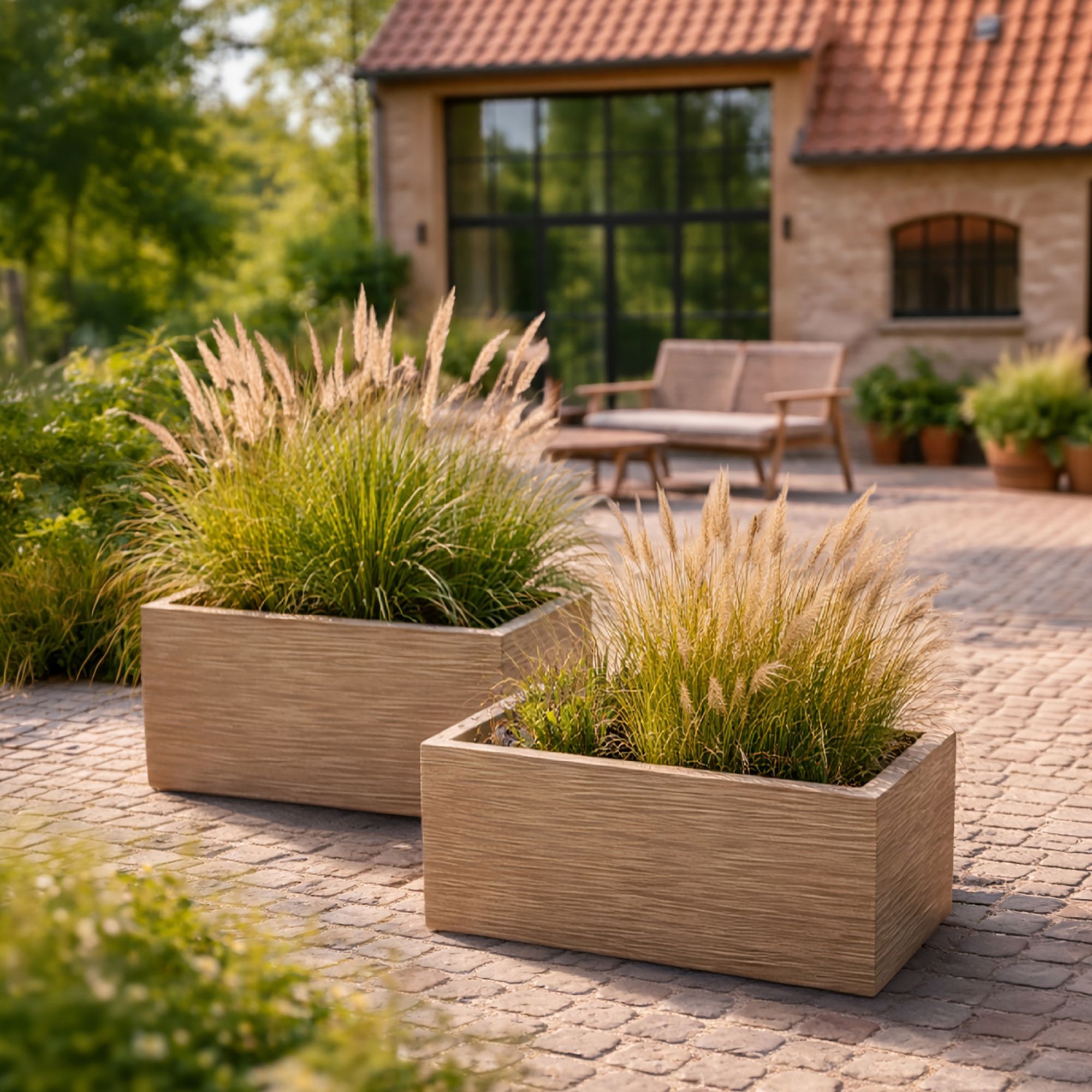 Set de 2 pots rectangulaire en fibre d'argile marron 37/47cm COMPORTA