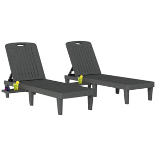 Pack de 2 Tumbonas de Jardín Exterior, Tumbonas Reclinables de Plástico PP con Bandeja Lateral, Respaldo Ajustable de 5 Niveles, Resistentes a la Intemperie, para Playa, Piscina, Gris