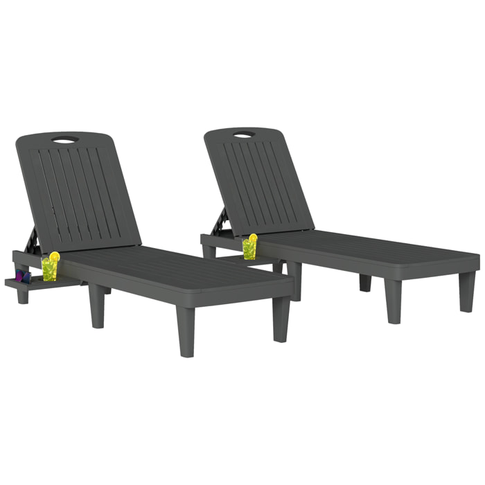 Pack de 2 Tumbonas de Jardín Exterior, Tumbonas Reclinables de Plástico PP con Bandeja Lateral, Respaldo Ajustable de 5 Niveles, Resistentes a la Intemperie, para Playa, Piscina, Gris