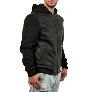 Giubbino in vera pelle di vitello con maniche e cappuccio in felpa Nero-Slim Fit