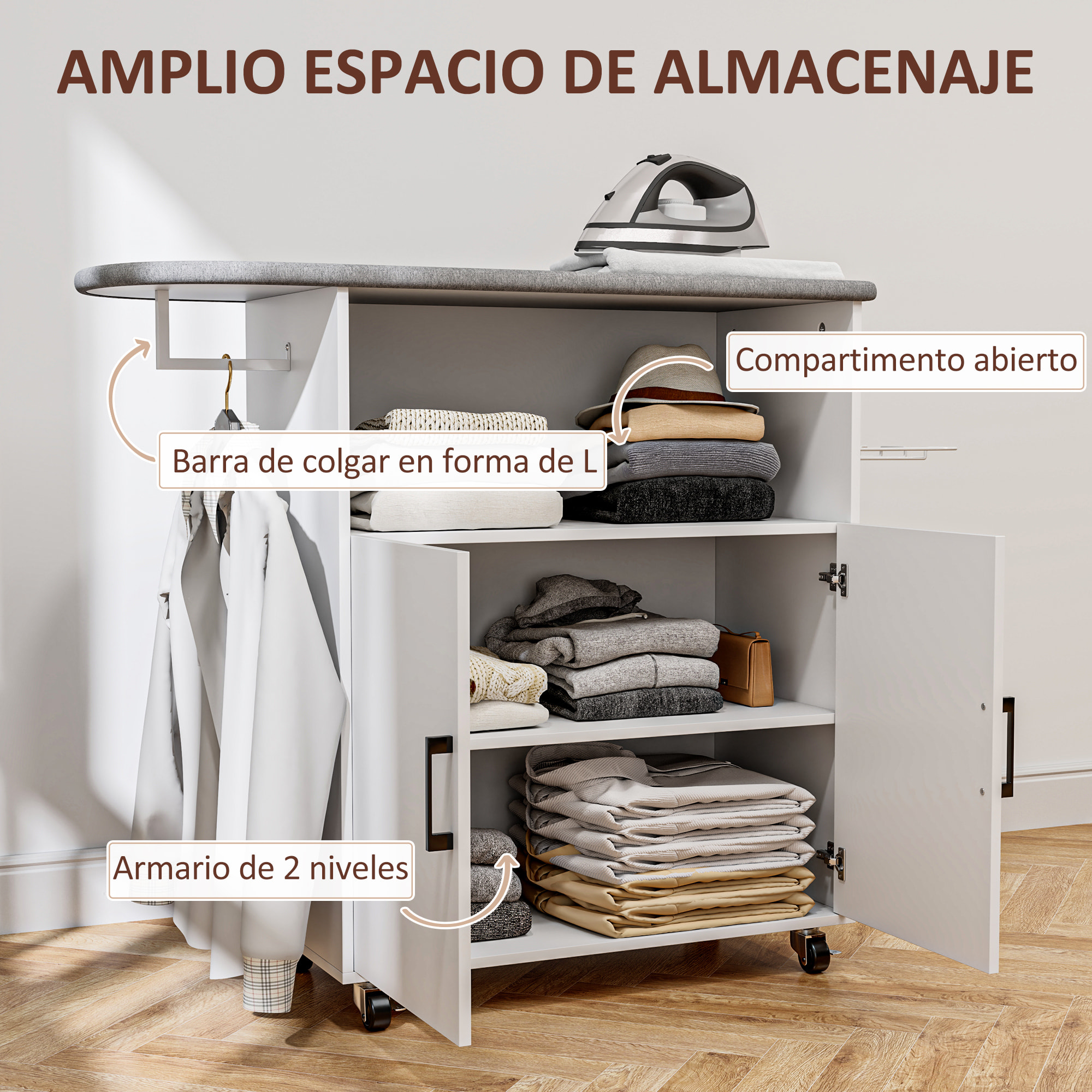 Mueble de Plancha con Ruedas Mueble de Planchado con Barra para Colgar Ropa Estante Abierto y Tabla de Planchar 125x43,5x102,5 cm Blanco