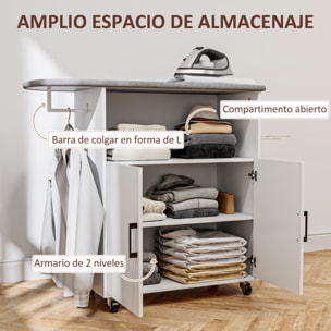 Mueble de Plancha con Ruedas Mueble de Planchado con Barra para Colgar Ropa Estante Abierto y Tabla de Planchar 125x43,5x102,5 cm Blanco