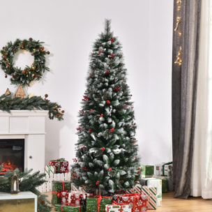 HOMCOM Árbol de Navidad Artificial con Nieve 180 cm Ignífugo con 539 Ramas 51 Bayas Hojas de PVC Base Plegable y Soporte Metálico Decoración Navideña para Interiores Verde