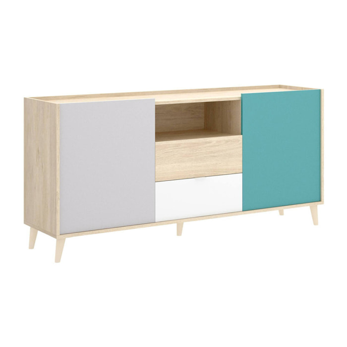 Credenza Rainier, Buffet da soggiorno, Madia da salotto moderna a 2 ante, 155x43h75 cm, Bianco e Rovere