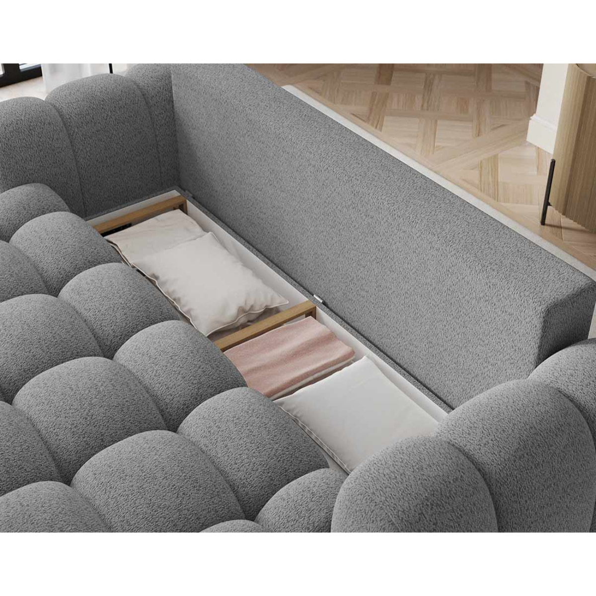 Dorian - Canapé droit 3 places convertible avec coffre en tissu bouclette - Gris clair