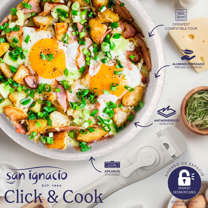 Juego de 3 cacerolas Ø16Ø18Ø20cm aluminio prensado,recubrimiento ILAG antiadherente,mango extraíble,apto inducción,sin PFOA,apto lavavajillas y horno