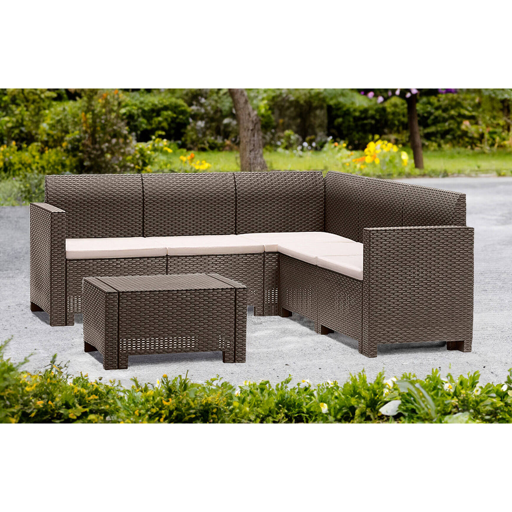 Set salotto da esterno Somnus, Salottino outdoor, Set da balcone o giardino, Composizione soggiorno per esterni, Made in Italy, Tortora