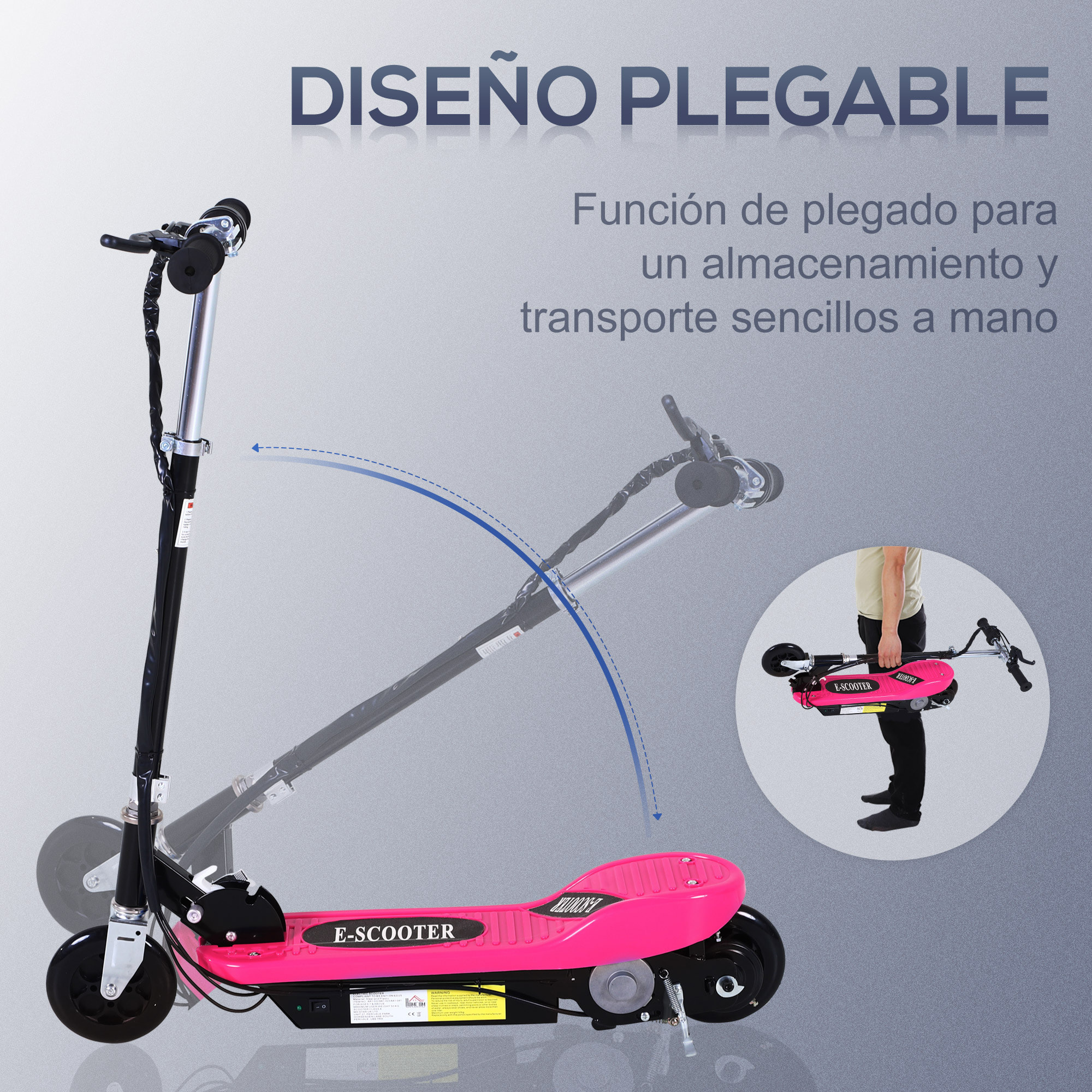Patinete Eléctrico Plegable para Niños y Adolescentes de +7 Años Velocidad de 10 km/h Scooter Eléctrico con Manillar Ajustable en Altura y Frenos Carga Máx. 50 kg 78x37x87-95 cm Rosa