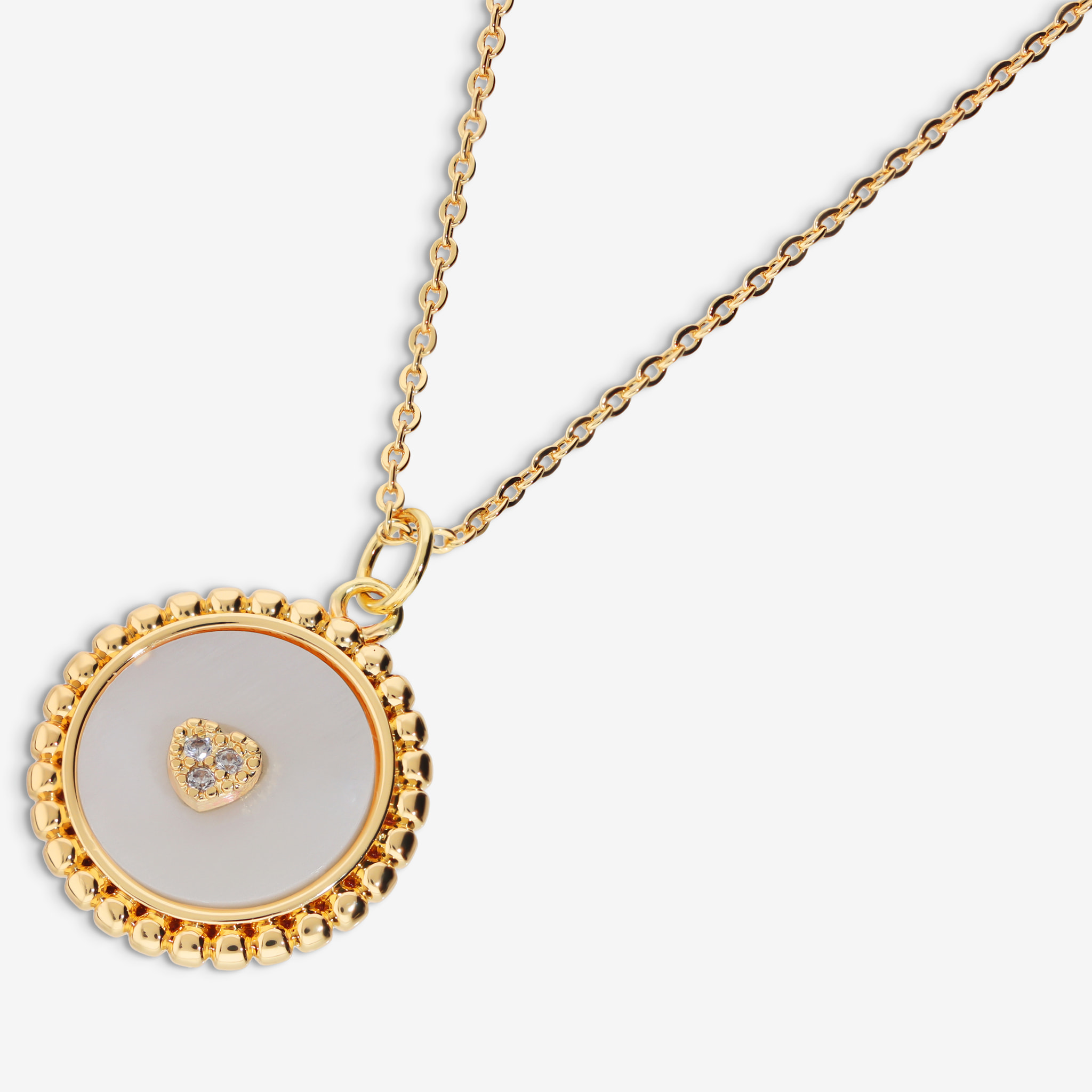 Collana Catena Rolo e Pendente in Madreperla Lavorato con Cuore e Cubic Zirconia