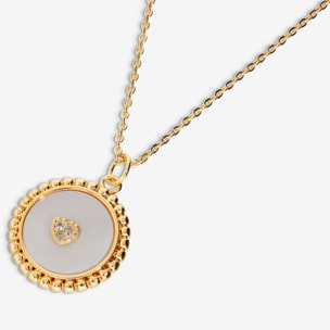 Collana Catena Rolo e Pendente in Madreperla Lavorato con Cuore e Cubic Zirconia