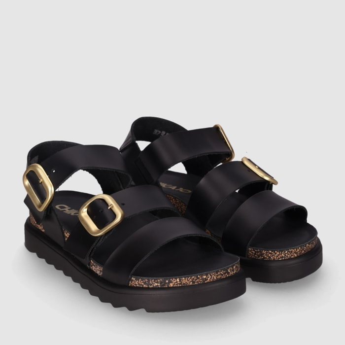 Sandalias de Piel - Negro - Tacón: Bajo