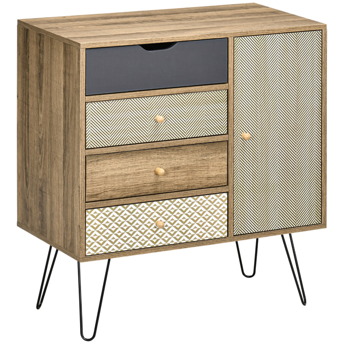 Buffet style industriel motif graphique - porte, étagère, 4 tiroirs - piètement épingle métal noir aspect bois