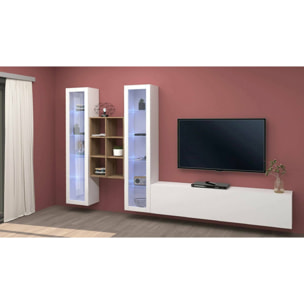 Parete attrezzata Eros, Set salotto porta TV a 3 ante, Mobile soggiorno multiuso con vetrina e luce LED, 100% Made in Italy, cm 320x30h180, Bianco lucido