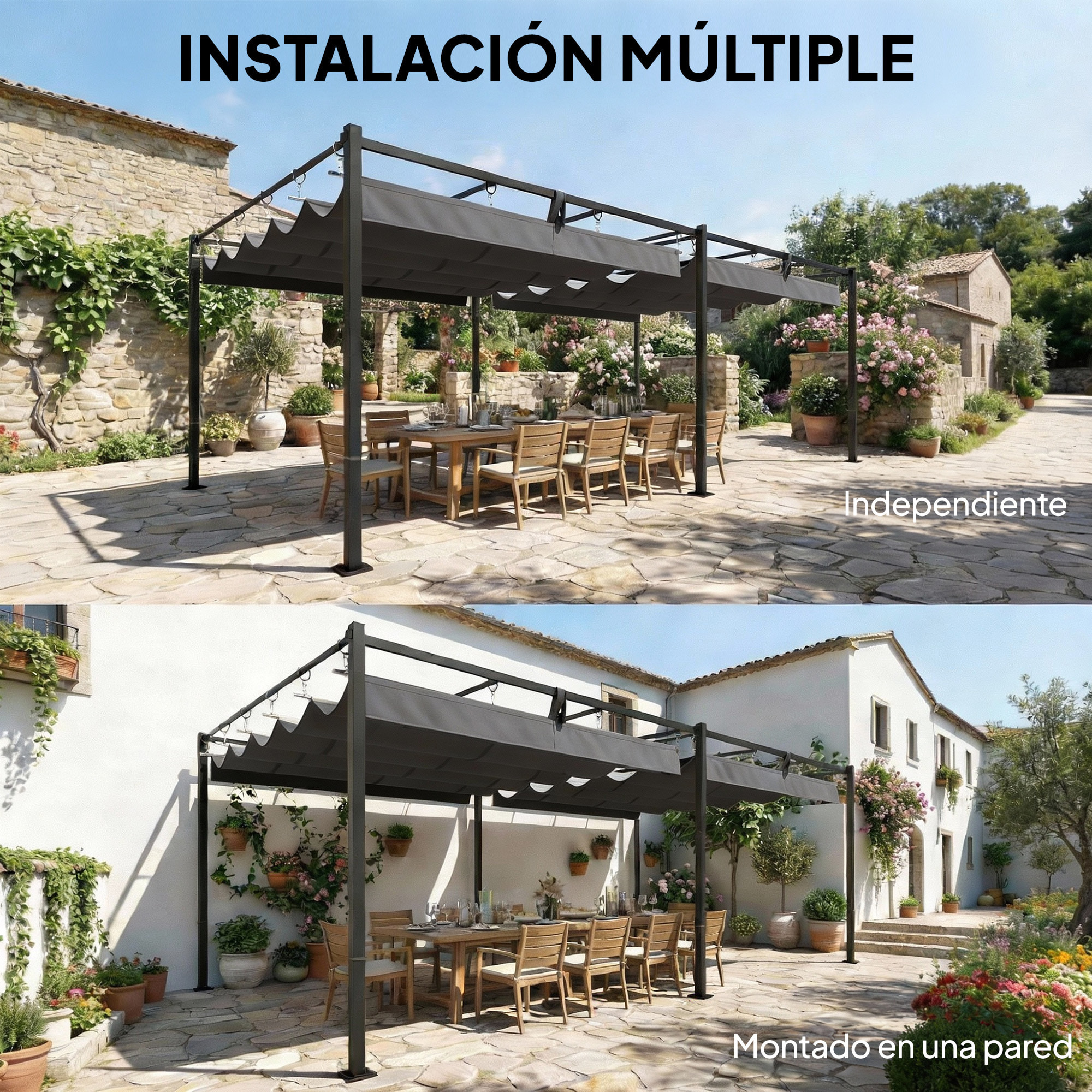 Pérgola de Jardín 6x3 m con Techo Retráctil, Cenador de Jardín con Protección UPF50+, Drenaje, Estructura Metálica, Pabellón para Patio, Terraza, Exterior, Blanco Gris Oscuro