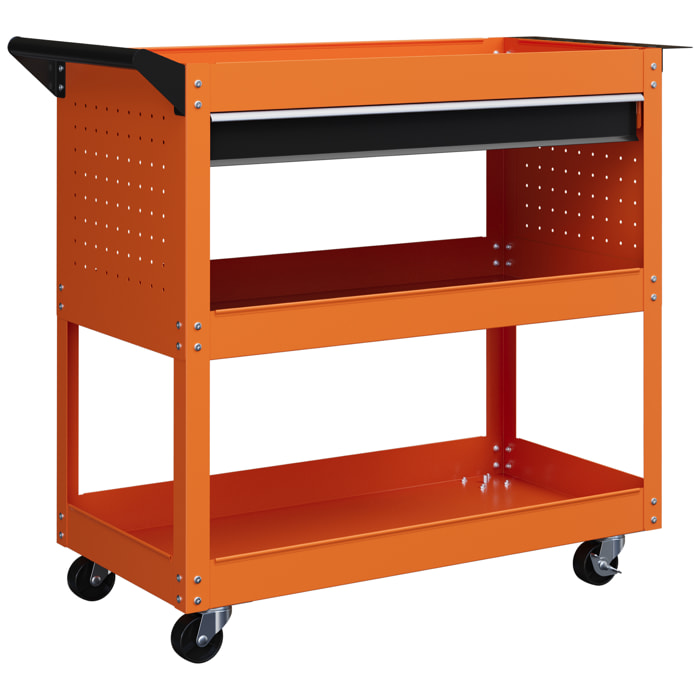 Servante d'atelier chariot à outils 2 étagères plateau grand tiroir tablette à outils acier orange