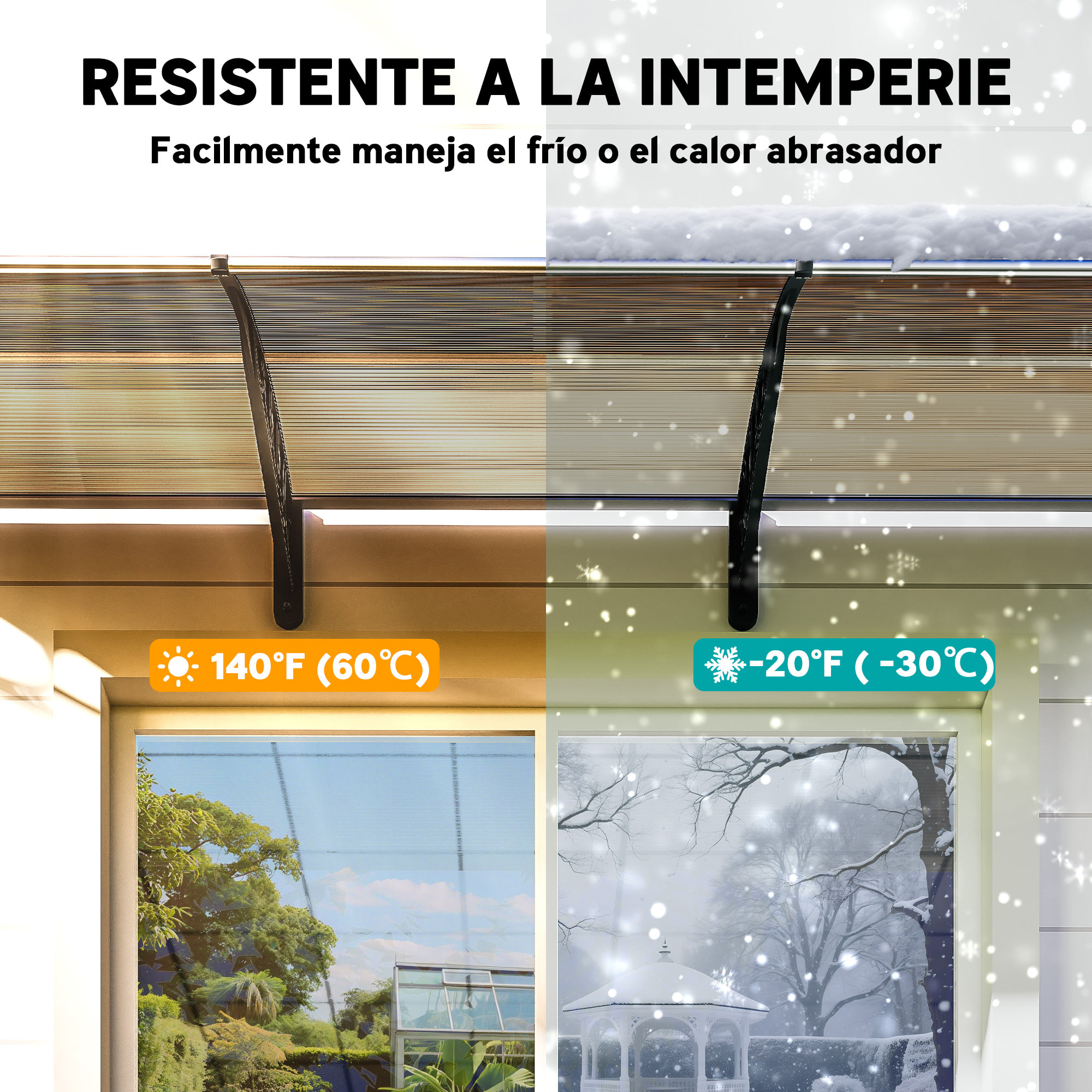 Marquesinas Exterior para Puertas y Ventanas, 303x96 cm, Tejadillo de Protección contra Sol y Lluvia, con Cubierta de Policarbonato, Soportes de PP y Regleta de Aluminio, Marrón