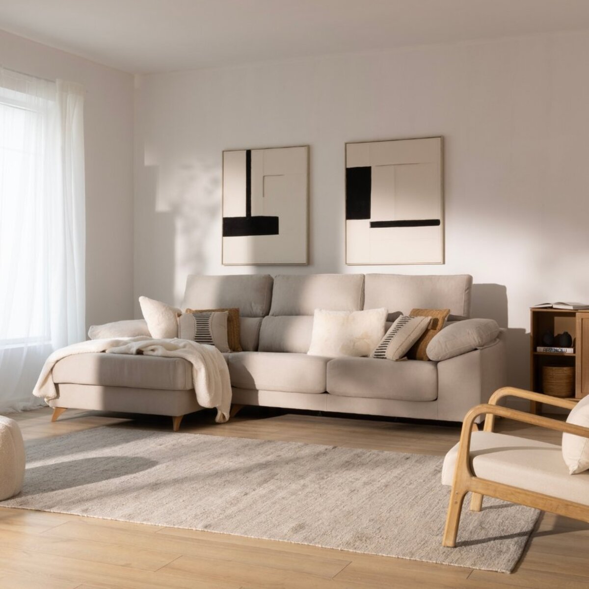 Canapé d'angle Dandy -textile, mousse pu, bois et panneau de particules-couleur beige 295 x 103 x 170 cm