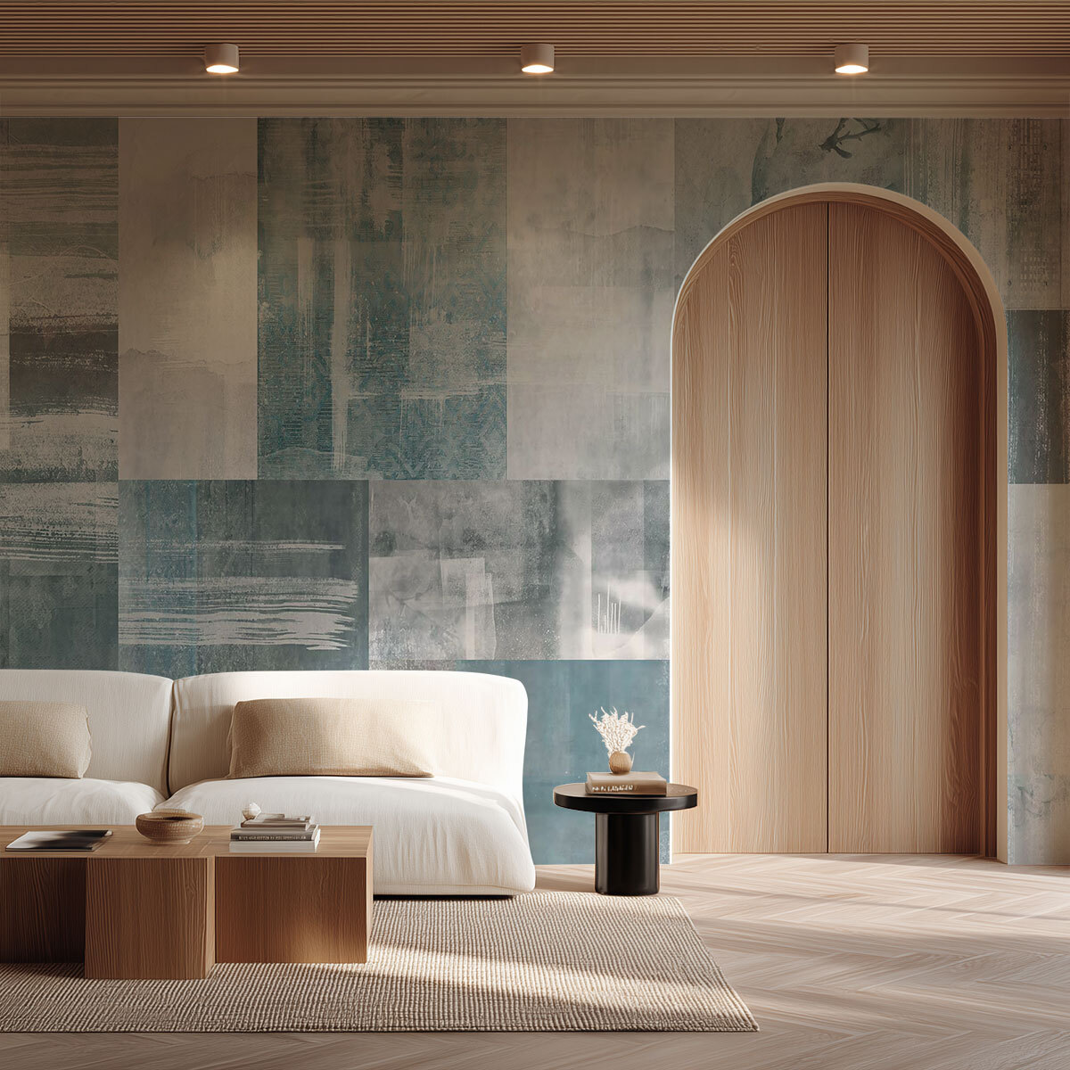 Papier peint abstrait patchwork minéral bleu et gris Intissé