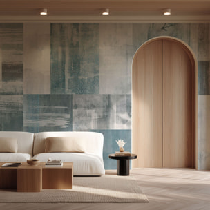 Papier peint abstrait patchwork minéral bleu et gris Intissé