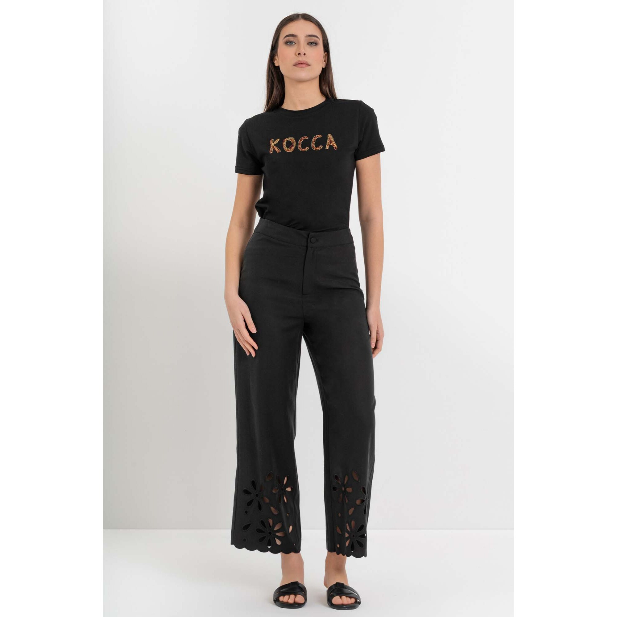 Kocca - Pantaloni a palazzo in lyocell e lino con orlo traforato Donna