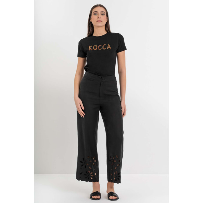 Kocca - Pantaloni a palazzo in lyocell e lino con orlo traforato Donna