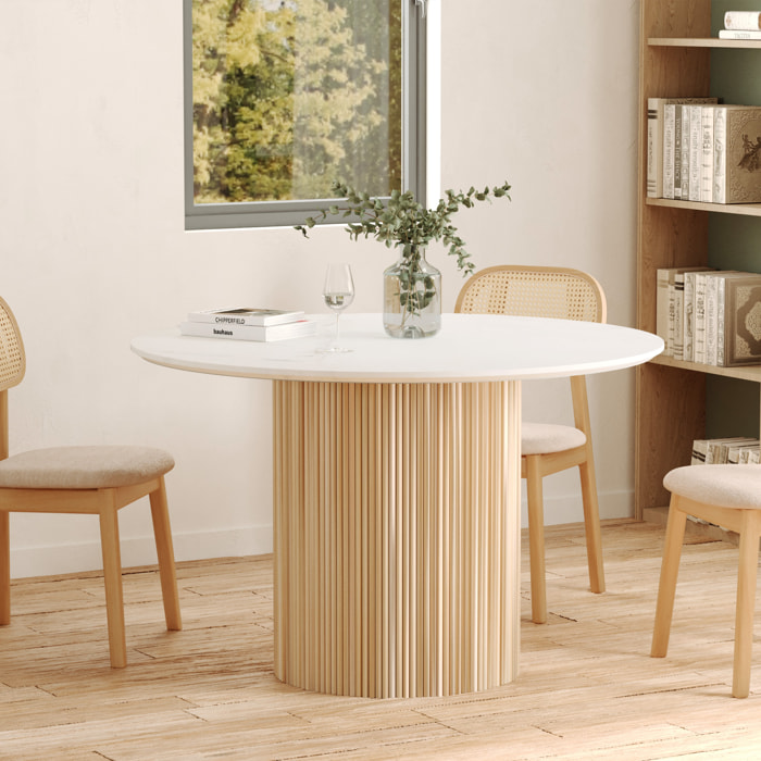 Table ronde 4 personnes en marbre blanc et bois de manguier D120 cm - Agathe